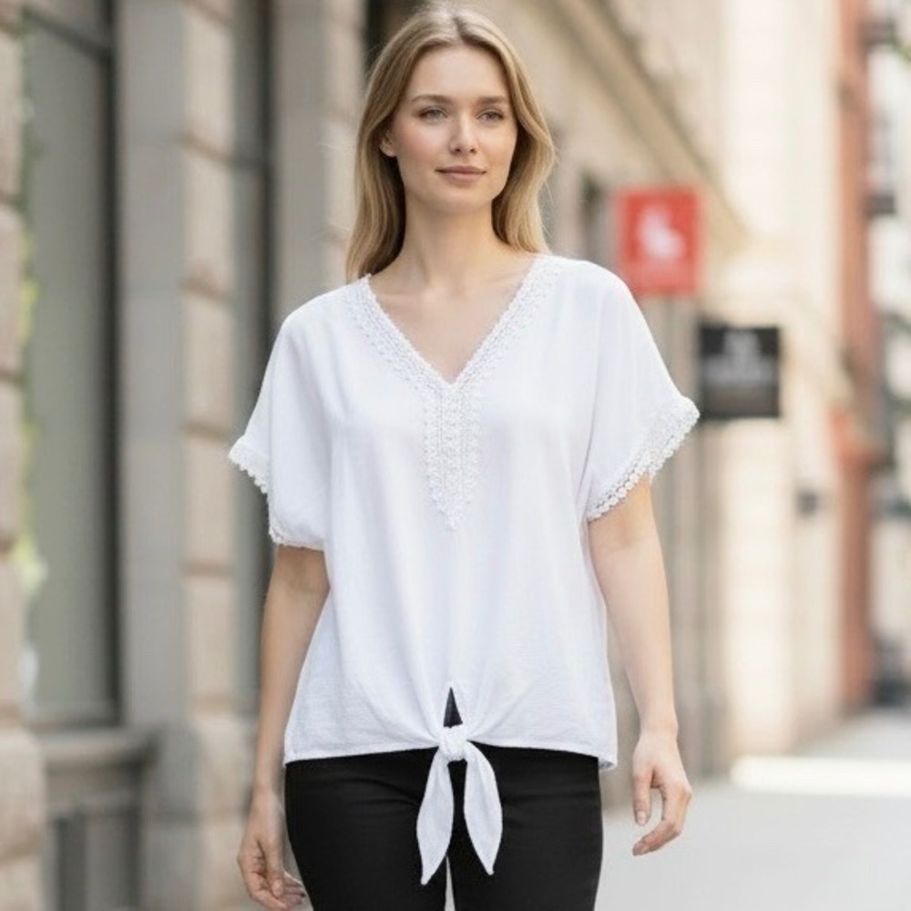 Palm Rio Womens White Crochet Lace Trim V-Neck Front Tie-Hem Blouse Sz Large NWT